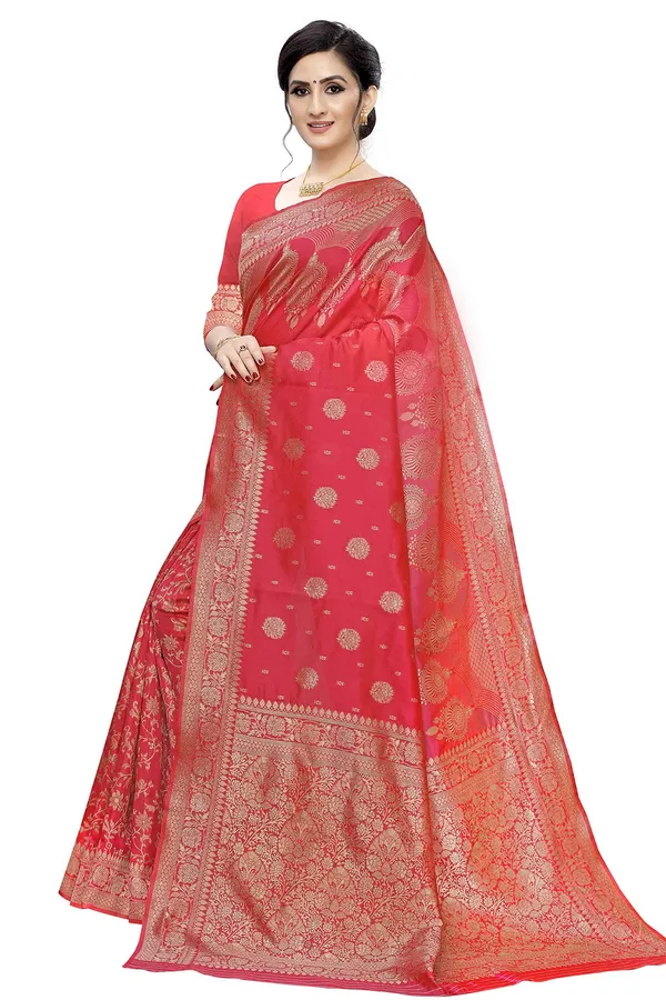 Peach_Poly_Silk_Jacquard_Premium_&_Elegant_(_Jacquard_)_Banarasi_Saree_With_Blouse_Piece_For_Women