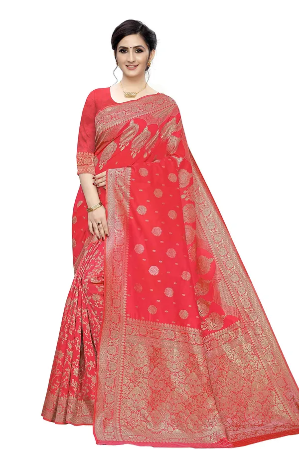 Peach_Poly_Silk_Jacquard_Premium_&_Elegant_(_Jacquard_)_Banarasi_Saree_With_Blouse_Piece_For_Women