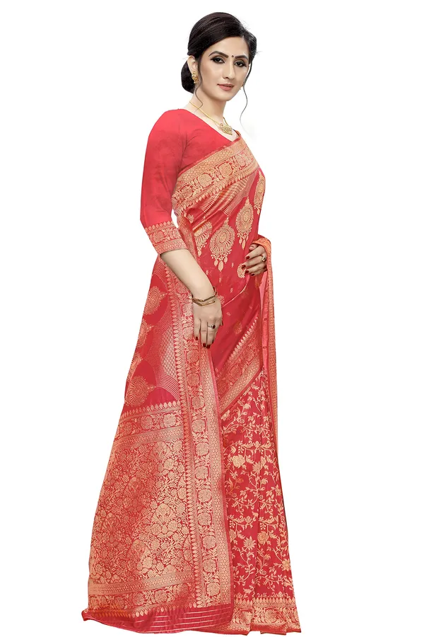Peach_Poly_Silk_Jacquard_Premium_&_Elegant_(_Jacquard_)_Banarasi_Saree_With_Blouse_Piece_For_Women