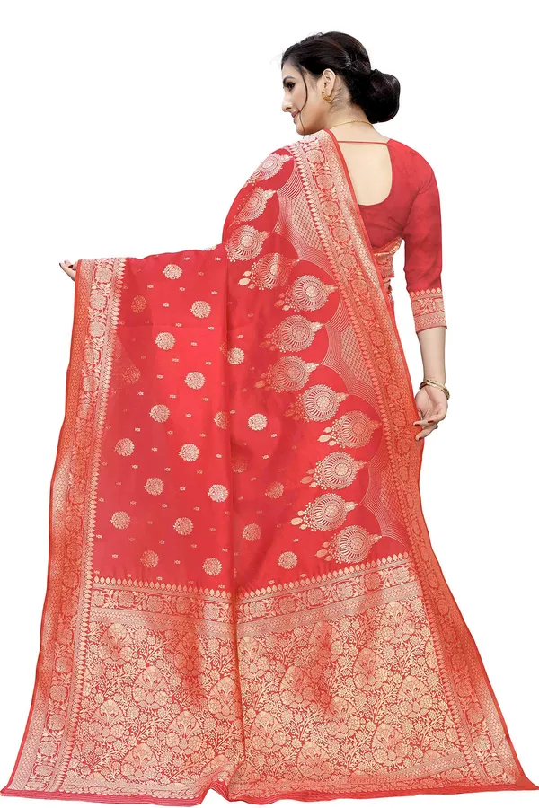 Peach_Poly_Silk_Jacquard_Premium_&_Elegant_(_Jacquard_)_Banarasi_Saree_With_Blouse_Piece_For_Women