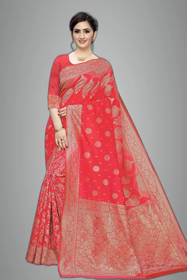 Peach_Poly_Silk_Jacquard_Premium_&_Elegant_(_Jacquard_)_Banarasi_Saree_With_Blouse_Piece_For_Women