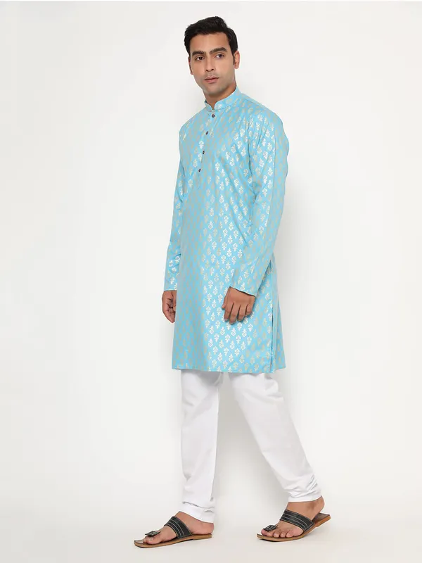 Blue_Dupion_Silk_Premium_&_Elegant_Regular_Kurta_&_Pajama_Set_For_Men