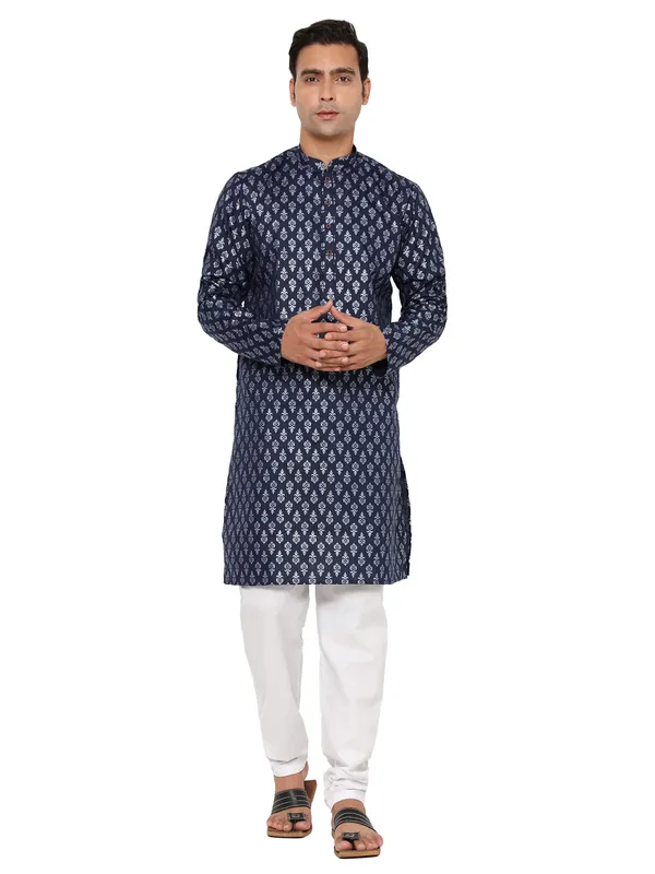 Navy_Blue_Dupion_Silk_Premium_&_Elegant_Regular_Kurta_&_Pajama_Set_For_Men