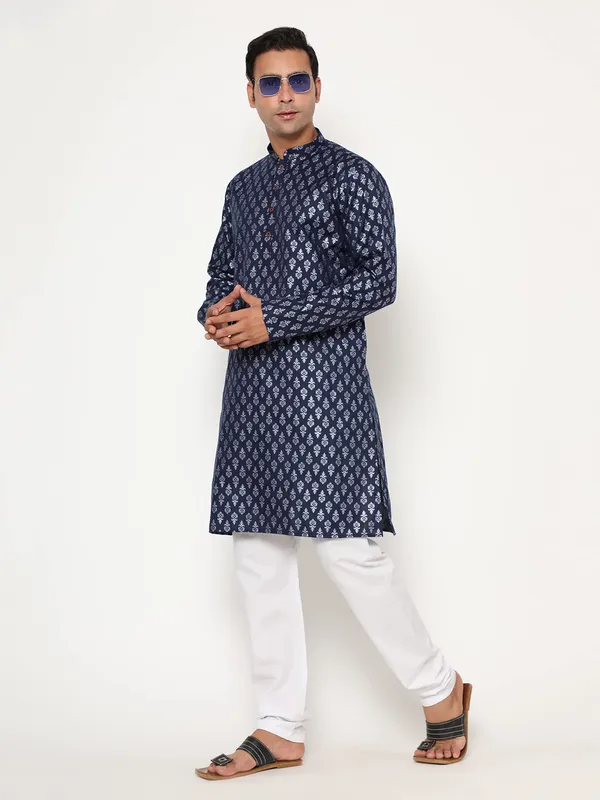 Navy_Blue_Dupion_Silk_Premium_&_Elegant_Regular_Kurta_&_Pajama_Set_For_Men