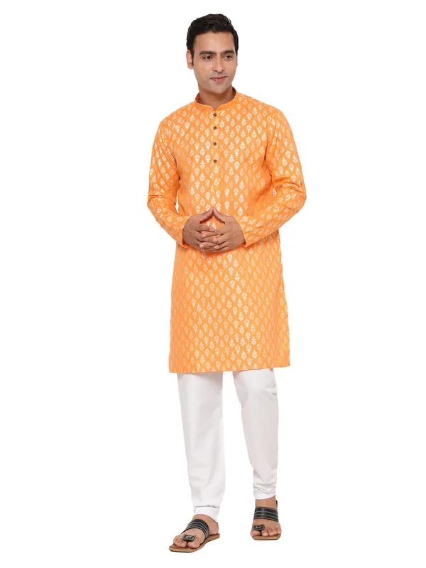 Orange_Dupion_Silk_Premium_&_Elegant_Regular_Kurta_&_Pajama_Set_For_Men