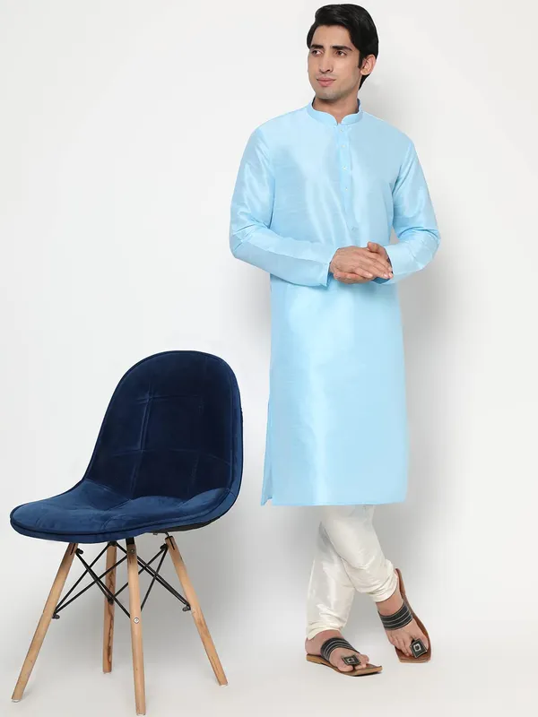 Blue_Dupion_Silk_Premium_&_Elegant_Regular_Kurta_&_Pajama_Set_For_Men