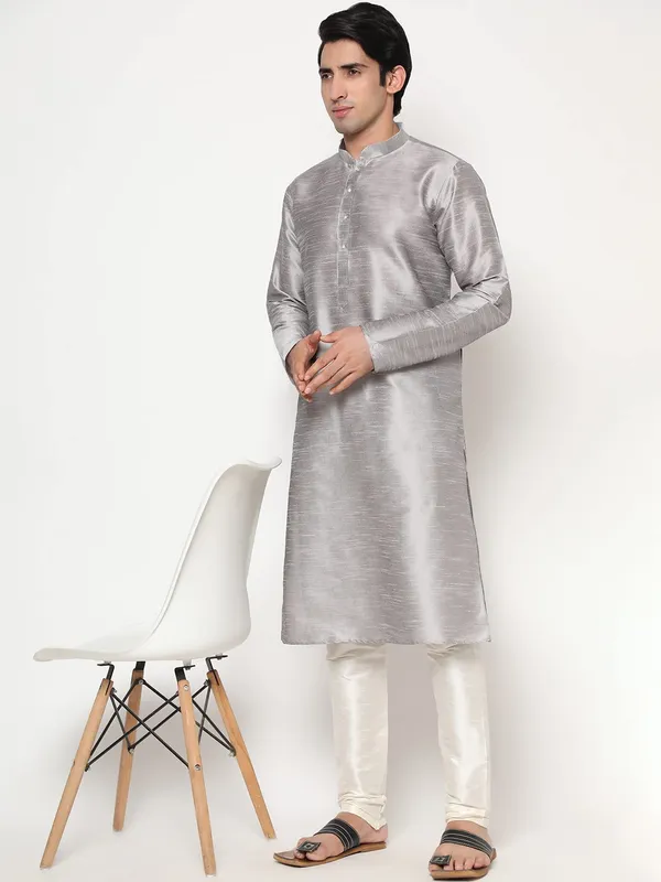 Grey_Dupion_Silk_Premium_&_Elegant_Regular_Kurta_&_Pajama_Set_For_Men