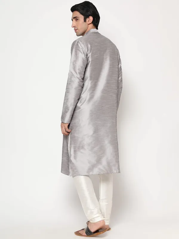 Grey_Dupion_Silk_Premium_&_Elegant_Regular_Kurta_&_Pajama_Set_For_Men