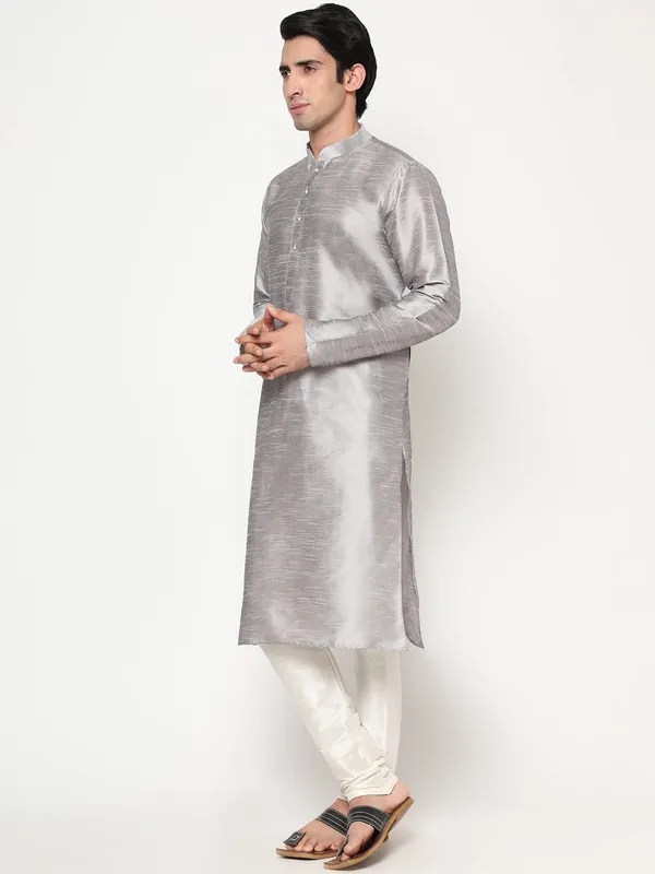 Grey_Dupion_Silk_Premium_&_Elegant_Regular_Kurta_&_Pajama_Set_For_Men