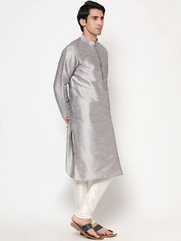 Grey_Dupion_Silk_Premium_&_Elegant_Regular_Kurta_&_Pajama_Set_For_Men
