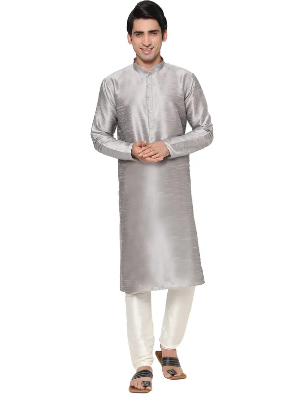 Grey_Dupion_Silk_Premium_&_Elegant_Regular_Kurta_&_Pajama_Set_For_Men