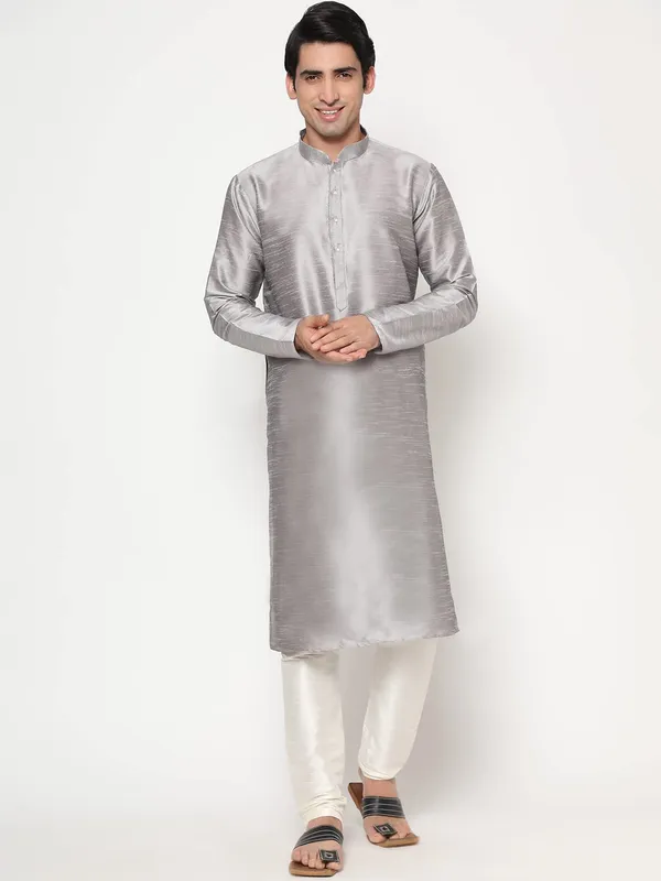 Grey_Dupion_Silk_Premium_&_Elegant_Regular_Kurta_&_Pajama_Set_For_Men