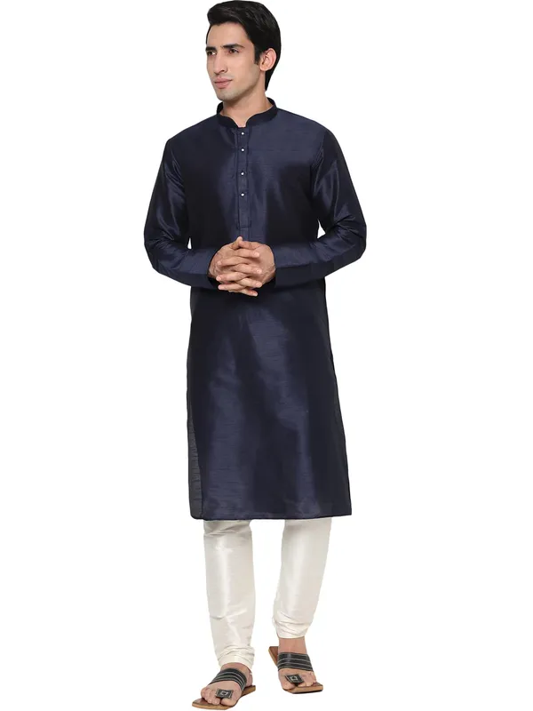 Navy_Blue_Dupion_Silk_Premium_&_Elegant_Regular_Kurta_&_Pajama_Set_For_Men