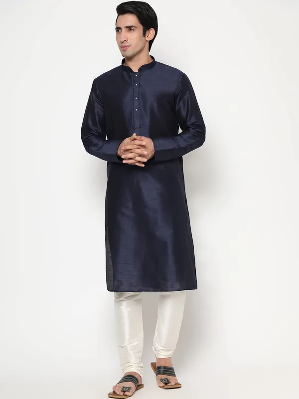 Navy_Blue_Dupion_Silk_Premium_&_Elegant_Regular_Kurta_&_Pajama_Set_For_Men