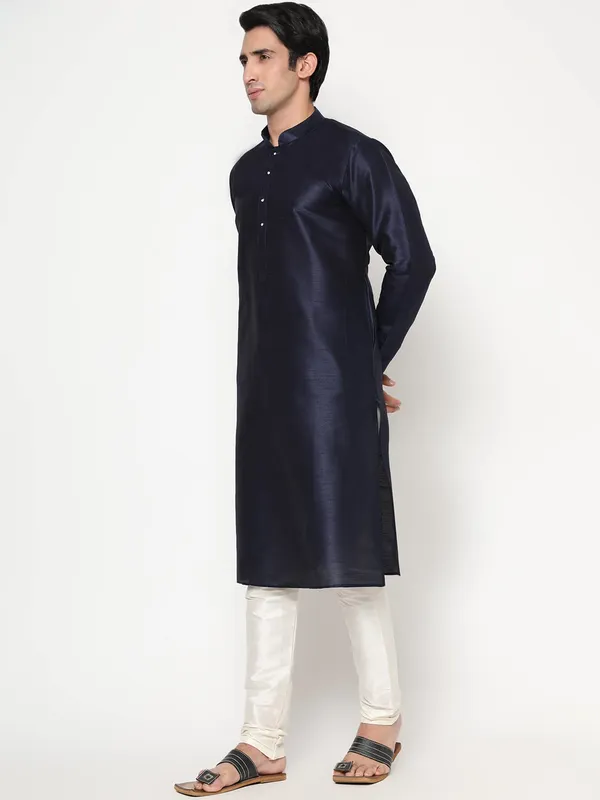 Navy_Blue_Dupion_Silk_Premium_&_Elegant_Regular_Kurta_&_Pajama_Set_For_Men