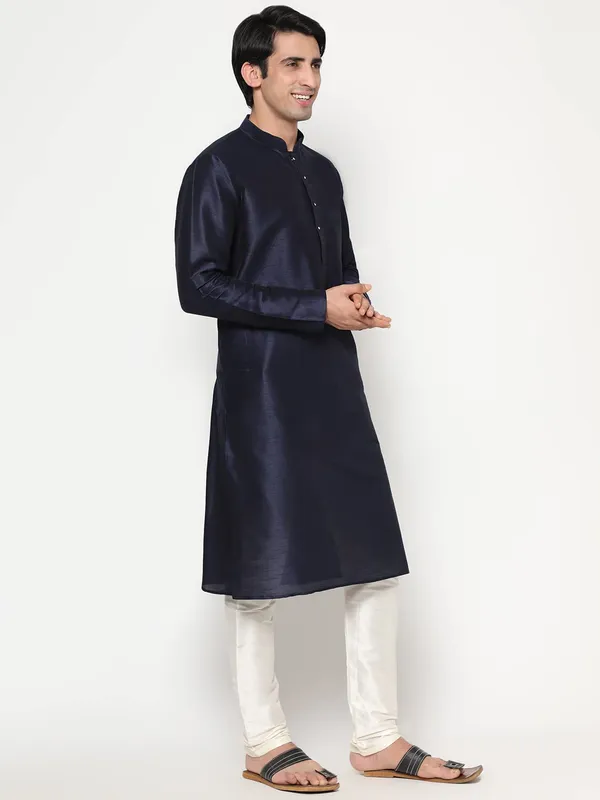 Navy_Blue_Dupion_Silk_Premium_&_Elegant_Regular_Kurta_&_Pajama_Set_For_Men