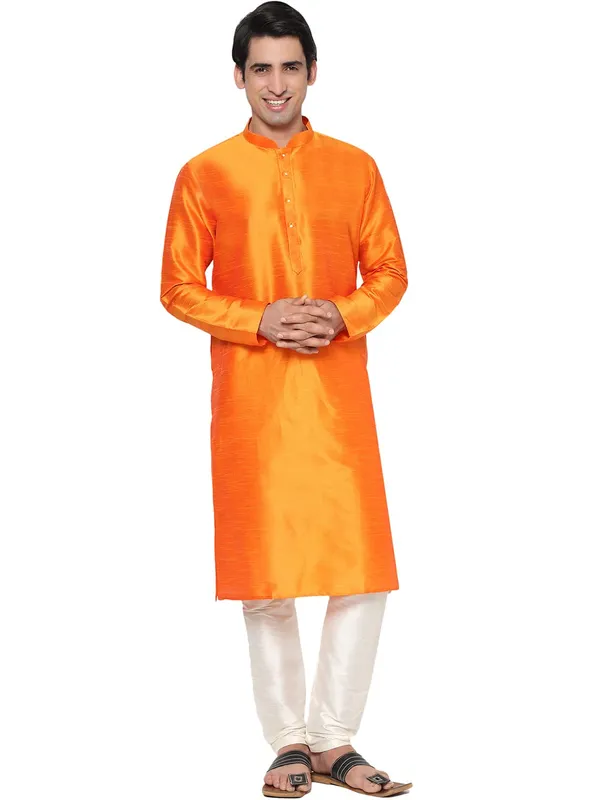 Orange_Dupion_Silk_Premium_&_Elegant_Regular_Kurta_&_Pajama_Set_For_Men
