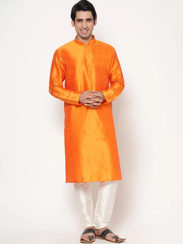 Orange_Dupion_Silk_Premium_&_Elegant_Regular_Kurta_&_Pajama_Set_For_Men