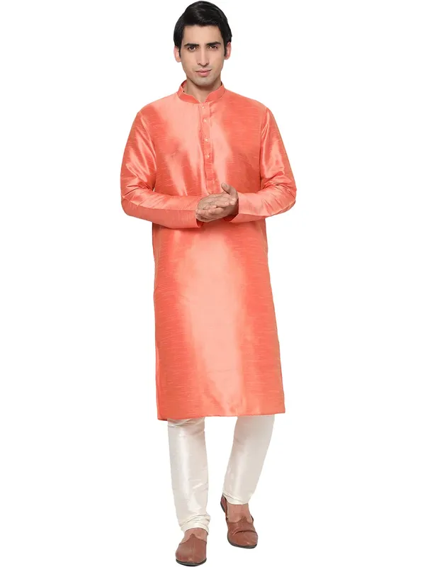 Peach_Dupion_Silk_Premium_&_Elegant_Regular_Kurta_&_Pajama_Set_For_Men