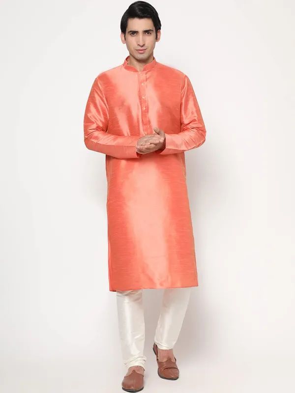 Peach_Dupion_Silk_Premium_&_Elegant_Regular_Kurta_&_Pajama_Set_For_Men