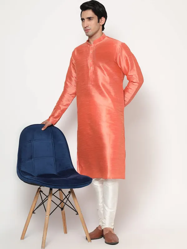 Peach_Dupion_Silk_Premium_&_Elegant_Regular_Kurta_&_Pajama_Set_For_Men