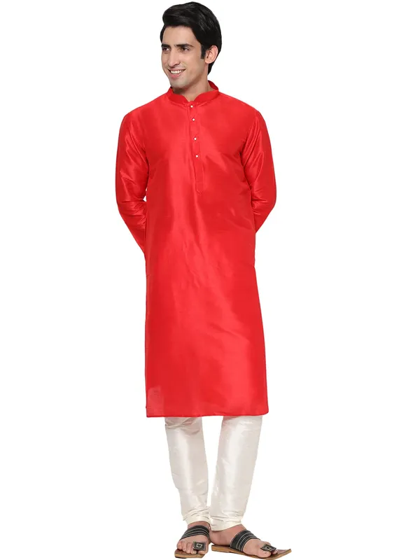 Red_Dupion_Silk_Premium_&_Elegant_Regular_Kurta_&_Pajama_Set_For_Men