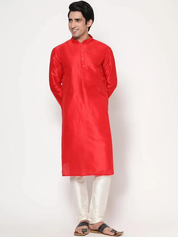 Red_Dupion_Silk_Premium_&_Elegant_Regular_Kurta_&_Pajama_Set_For_Men