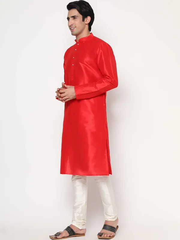 Red_Dupion_Silk_Premium_&_Elegant_Regular_Kurta_&_Pajama_Set_For_Men