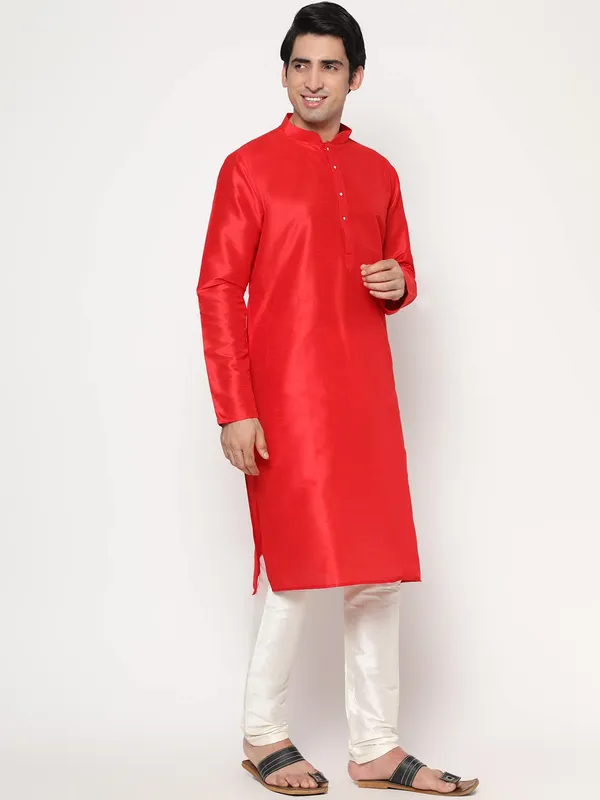 Red_Dupion_Silk_Premium_&_Elegant_Regular_Kurta_&_Pajama_Set_For_Men