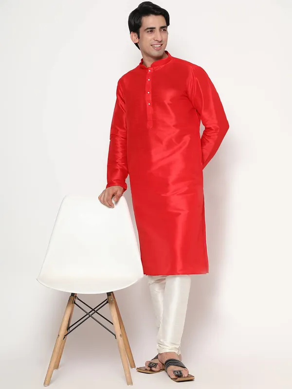 Red_Dupion_Silk_Premium_&_Elegant_Regular_Kurta_&_Pajama_Set_For_Men