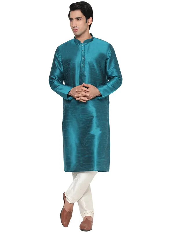 Teal_Dupion_Silk_Premium_&_Elegant_Regular_Kurta_&_Pajama_Set_For_Men