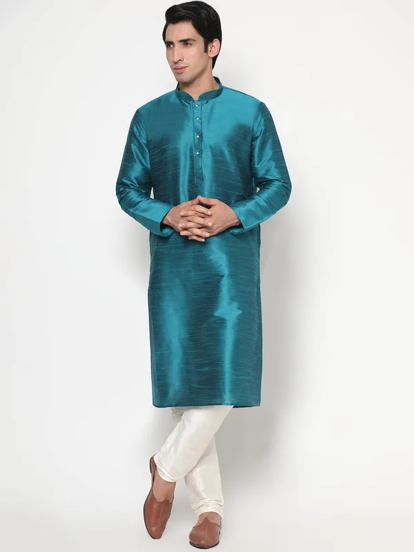 Teal_Dupion_Silk_Premium_&_Elegant_Regular_Kurta_&_Pajama_Set_For_Men