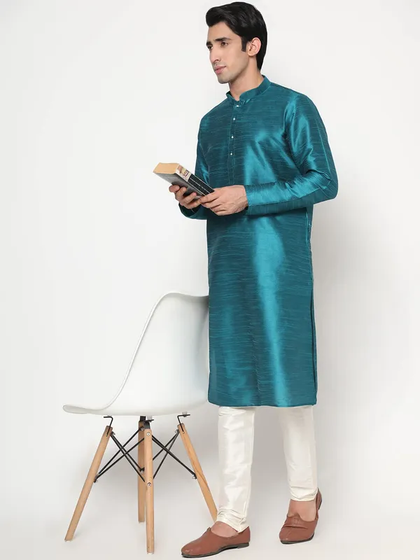 Teal_Dupion_Silk_Premium_&_Elegant_Regular_Kurta_&_Pajama_Set_For_Men
