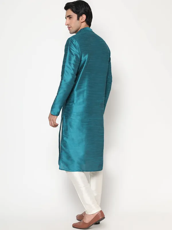 Teal_Dupion_Silk_Premium_&_Elegant_Regular_Kurta_&_Pajama_Set_For_Men