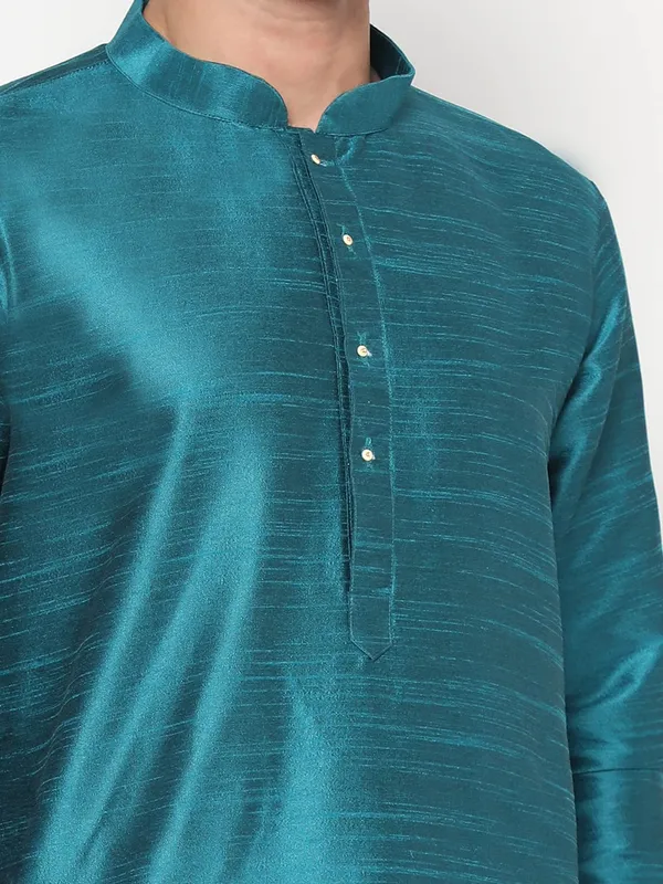 Teal_Dupion_Silk_Premium_&_Elegant_Regular_Kurta_&_Pajama_Set_For_Men