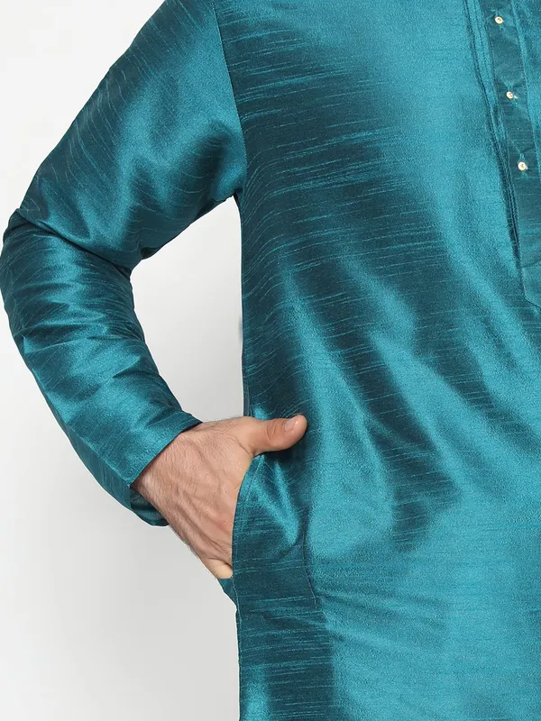 Teal_Dupion_Silk_Premium_&_Elegant_Regular_Kurta_&_Pajama_Set_For_Men