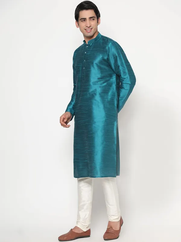 Teal_Dupion_Silk_Premium_&_Elegant_Regular_Kurta_&_Pajama_Set_For_Men