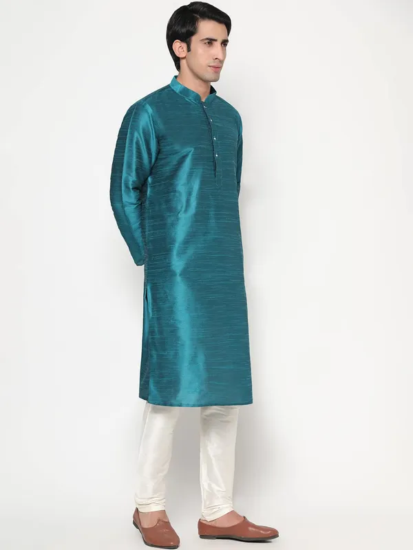 Teal_Dupion_Silk_Premium_&_Elegant_Regular_Kurta_&_Pajama_Set_For_Men