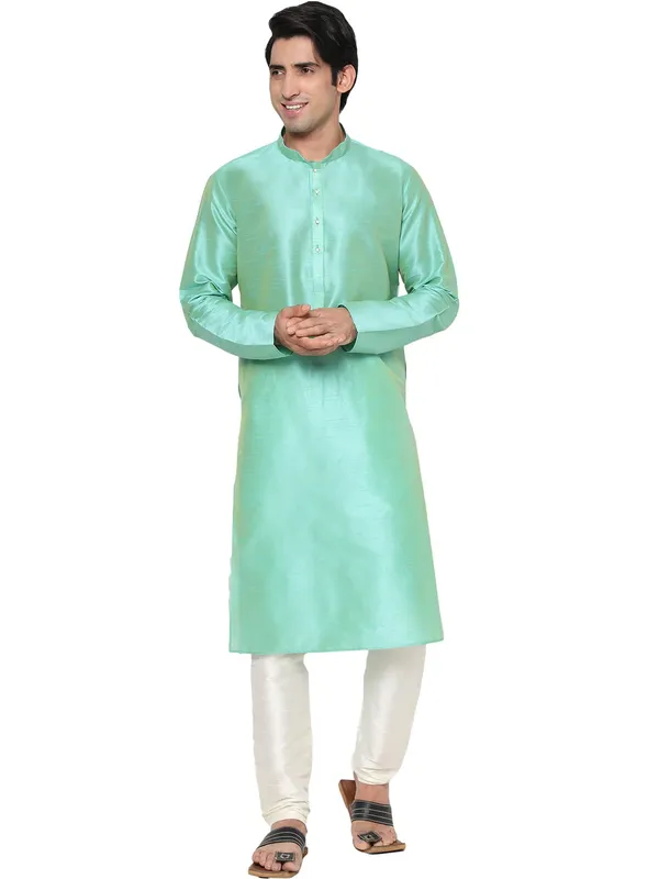 Sea_Green_Dupion_Silk_Premium_&_Elegant_Regular_Kurta_&_Pajama_Set_For_Men