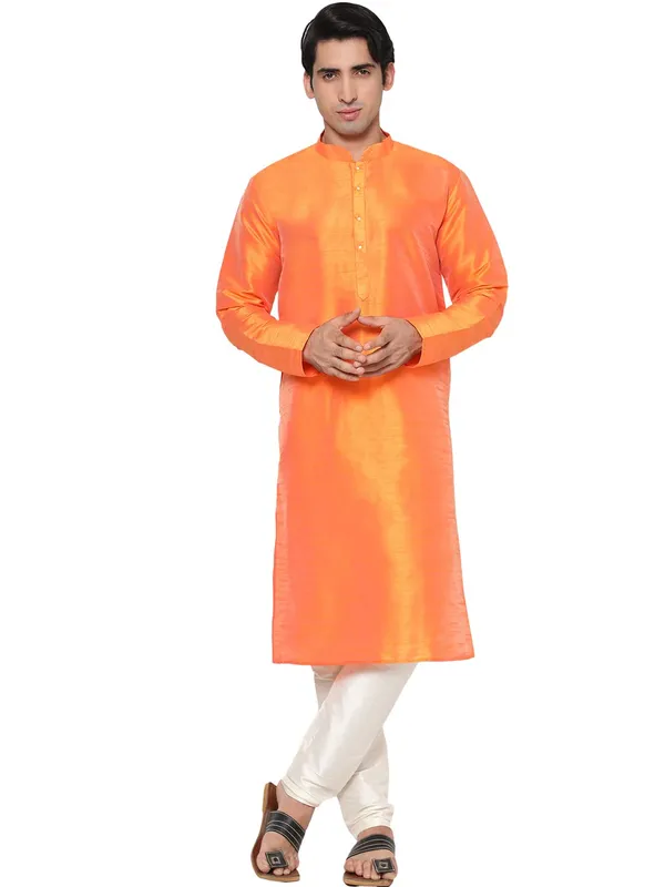 Light_Orange_Dupion_Silk_Premium_&_Elegant_Regular_Kurta_&_Pajama_Set_For_Men