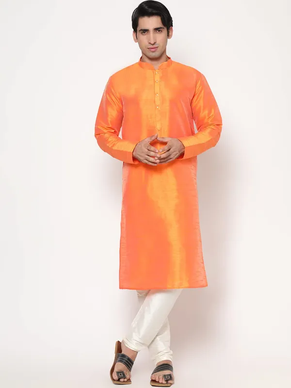 Light_Orange_Dupion_Silk_Premium_&_Elegant_Regular_Kurta_&_Pajama_Set_For_Men