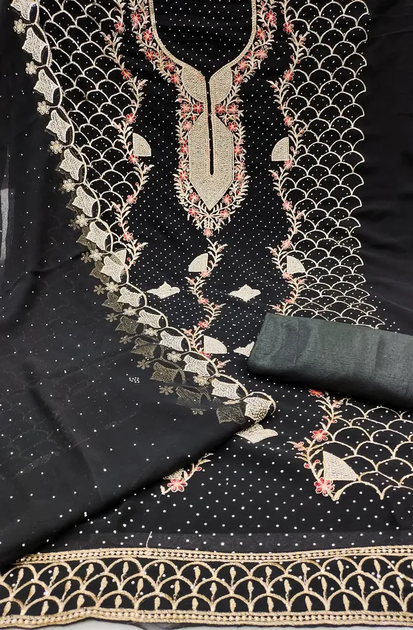 Black_Georgette_Salwar_Suit_Dress_Material_With_Golden_&_Red_Thread_Work_And_Swarovski_Detailing_Unstitched