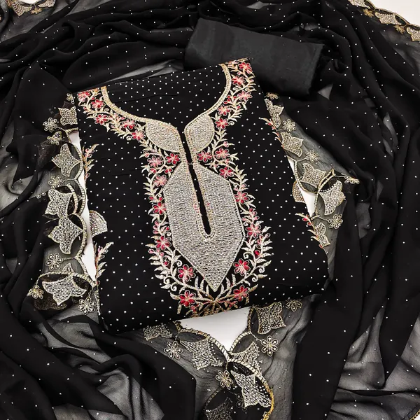 Black_Georgette_Salwar_Suit_Dress_Material_With_Golden_&_Red_Thread_Work_And_Swarovski_Detailing_Unstitched