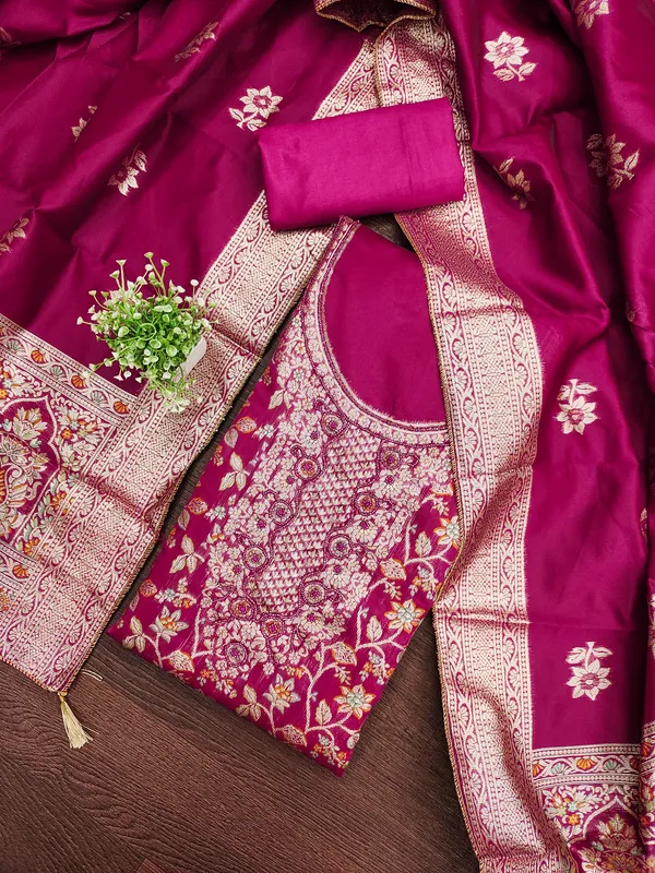 Magenta_Banarasi_Silk_Salwar_Suit_Dress_Material_With_Zardosi_Handwork_&_Jacquard_Dupatta_Unstitched