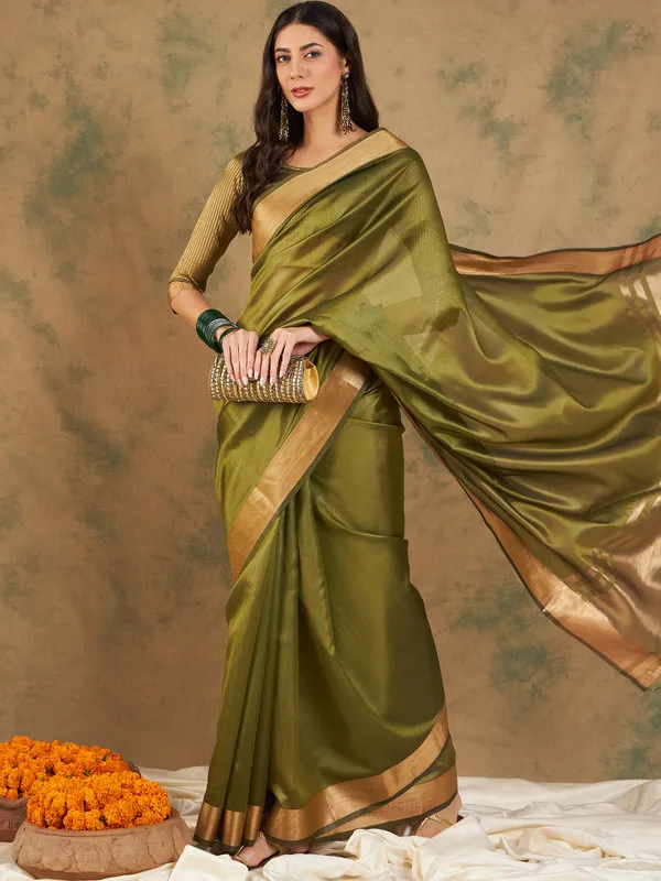 Green_Cotton_Organza_Premium_&_Elegant_(_Graceful_Zari_)_Saree_With_Blouse_Piece_For_Women