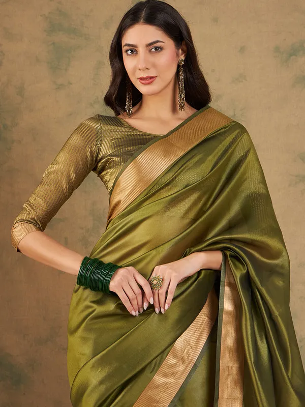 Green_Cotton_Organza_Premium_&_Elegant_(_Graceful_Zari_)_Saree_With_Blouse_Piece_For_Women