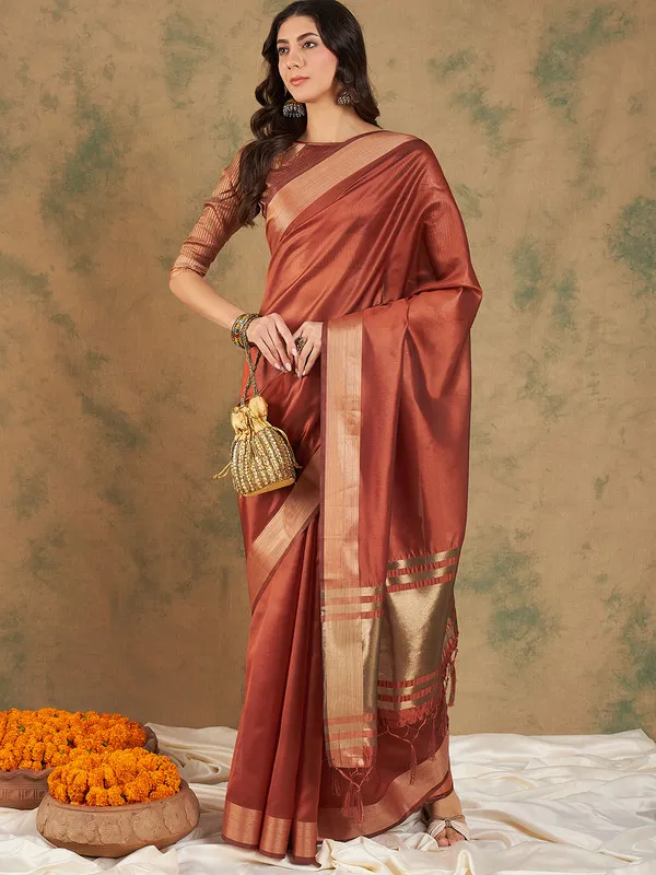 Rust_Cotton_Organza_Premium_&_Elegant_(_Graceful_Zari_)_Saree_With_Blouse_Piece_For_Women