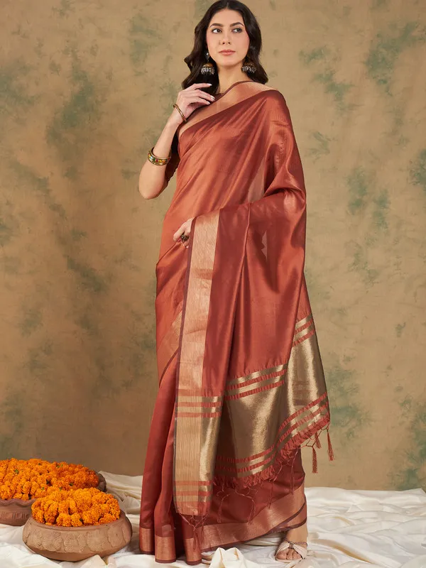Rust_Cotton_Organza_Premium_&_Elegant_(_Graceful_Zari_)_Saree_With_Blouse_Piece_For_Women