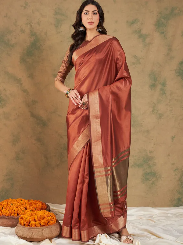 Rust_Cotton_Organza_Premium_&_Elegant_(_Graceful_Zari_)_Saree_With_Blouse_Piece_For_Women