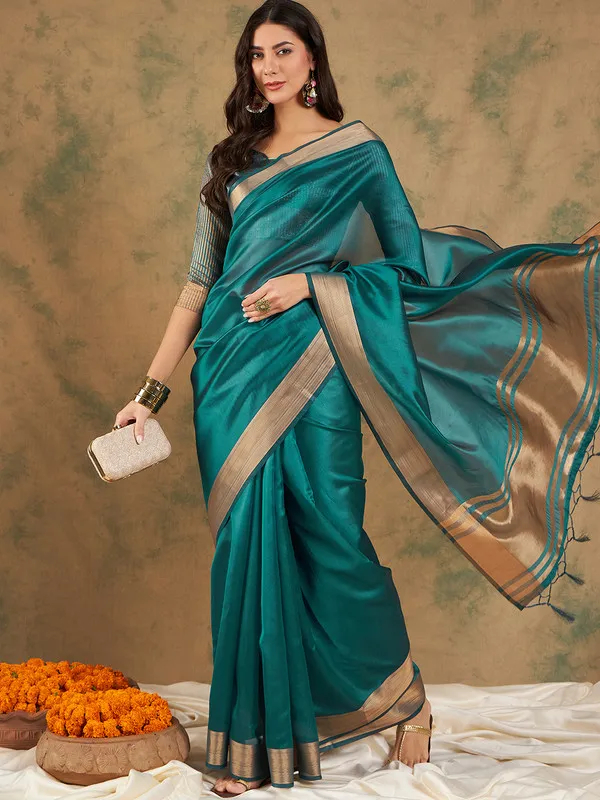 Teal_Cotton_Organza_Premium_&_Elegant_(_Graceful_Zari_)_Saree_With_Blouse_Piece_For_Women